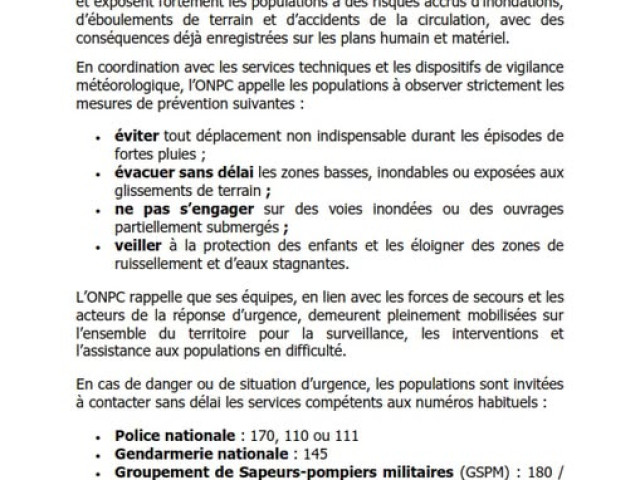 SAISON DES PLUIES 2026:  MESSAGE D’ALERTE AUX INTEMPÉRIES ET MESURES DE PRÉVENTION DES RISQUES D’INONDATION